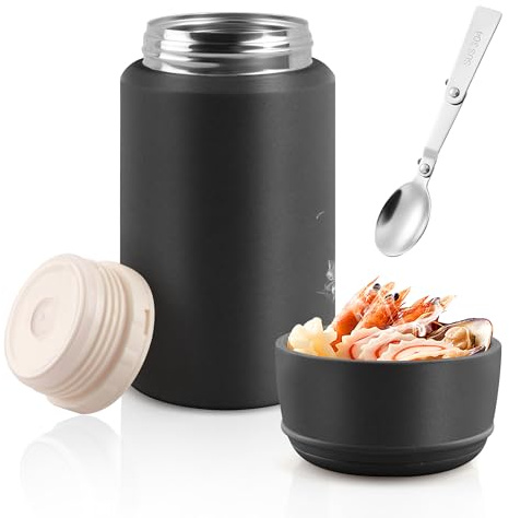 Thermo for Hot & Cold Food, 25oz Insulated Food Jar with Handle Spoon, Thermal Lunch Container, 316 Stainless Steel Lunch Box for Men Women, Keeps food Hot for 12 Hours or Cold for 24 Hours(Black)