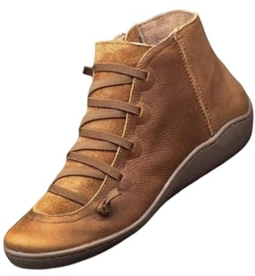 Botines para mujer, botas cortas antideslizantes, para otoño, vintage, de piel, cómodas, impermeables, planas, anchas, botas de tobillo retro, moda media, caña corta, talla 35-42 EU, marrón, 41 EU