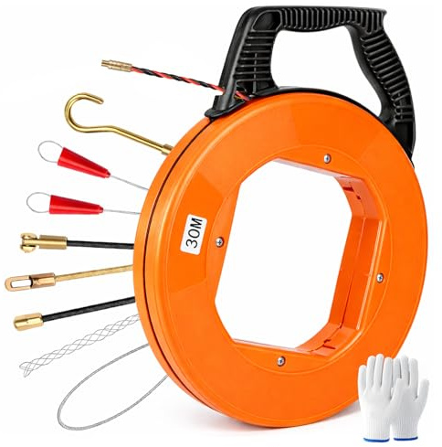 Orifesio Kabeleinziehhilfe 30m, φ5 mm Zugdraht mit 8 Zubehörteile und Handschuhe, Einziehspirale PET-Material, Einziehfeder für Kabel & Elektroinstallation, Kabeleinzugshilfe, Einziehhilfe für Kabel