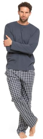 TRAMAS+ Pijama de Hombre Largo, 100% Algodón, con Manga Larga y Pantalón Largo, Conjunto de Ropa para Dormir Entretiempo - M, Cuadro Saul Azul