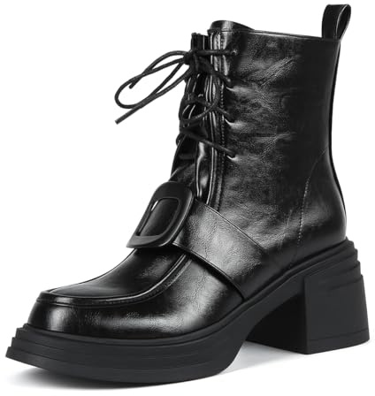 Feinlina Bottines en cuir noir à lacets pour femme - Talon épais et plateforme - Tendance - Pour le bureau et la vie quotidienne