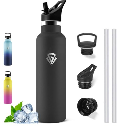 Gourde Isotherme- 1l- Gourde avec Paille, sans BPA, Bouteille Isotherme | Anti Fuite, 1000ml Gourde Sport, 18/8 Acier Inoxydable, Double Isolation, Bouteille d'eau pour Eau, Café, Jus, Thé