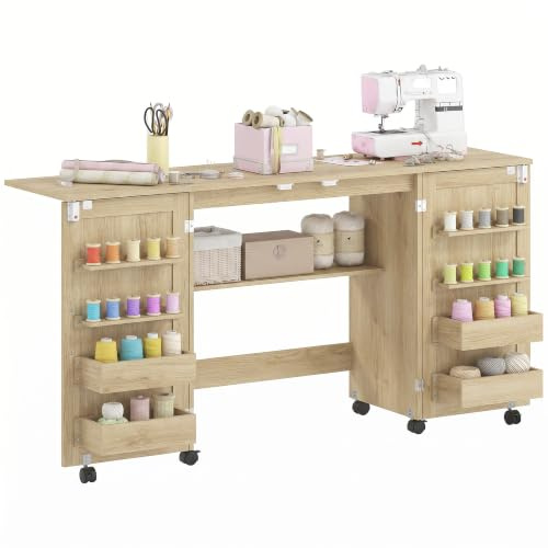 HOMCOM Table de Couture Pliante à roulettes 2 Portes Magnétiques Chêne | Meuble Couture, 4 Bacs, 20 Crochets, Étagère de Rangement, Meuble Machine à Coudre pour Salon Bureau Studio