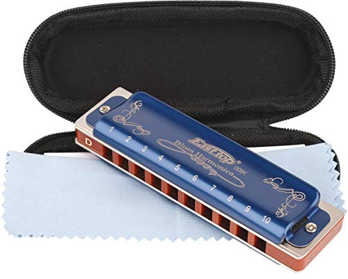 Easttop Professional Harmonica Blues Key of D 10 Hole 20 Tone Heavy Duty with Case & Cleaning Cloth for Professional Player, Beginner,Blue,Best Gift