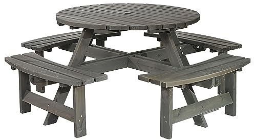 BrackenStyle York 8 Seat Round Picnic Table with Bench Seats and Parasol Hole - Outdoor Dining Furniture for Pubs Garden Patio Use 8 People Seater 1.8M 180cm 6ft Diameter (Dark Grey Wash)