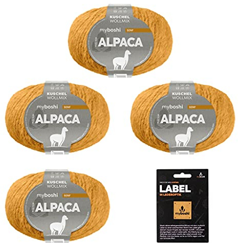 myboshi Alpaca-Wolle inkl. original Label in Lederoptik, zum Häkeln/Stricken, temperaturregulierend, angenehm weich, für Damenoberbekleidung Gelb (Senf), 4 Knäuel