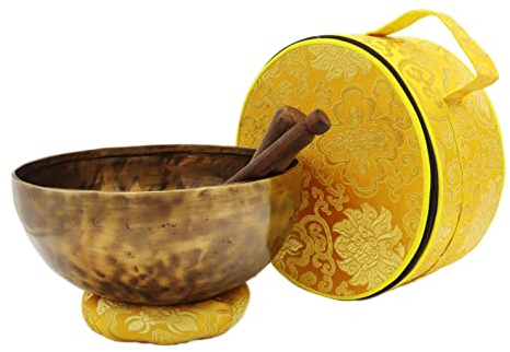 Tibetan Singing Bowl Set — 9 Inch Hand-Hammered Singing Bowl, 7 Metal Alloy, 2 Mallets, Silk Brocade Cushion and Carry Bag, Meditation Sound Bowl for Healing Chakra Yoga Mindfulness