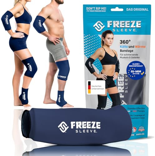 FREEZE SLEEVE Kühlbandage mit Wärmefunktion. Wiederverwendbar und hält von selbst mit 360° Wirkung Kühlpack für Knie Ellbogen Gelenke hilft bei Tennisarm Knieschmerzen (Navy Blue - M)