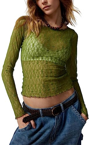 FeMereina Womens Y2K Lace Layering Top Long Sleeve Tops Sheer Mesh Crewneck Floral Embroidery See Through Shirts
