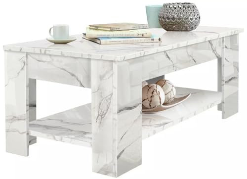 High Gloss Lift Top Coffee Table with Storage, Coffee Table for Living Room Wood Lifting Coffee Table with Storage Shelf Rectangular Lift-Top Sofa End Tea Table White Marble 120x60x(49.5-62.5) Hcm