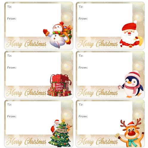 Surcotto Christmas Labels 120pcs, 65 x 45mm Tags for Presents, Self-Adhesive Easy Write Surface, Merry Christmas Gold Printed Xmas Gift Stickers