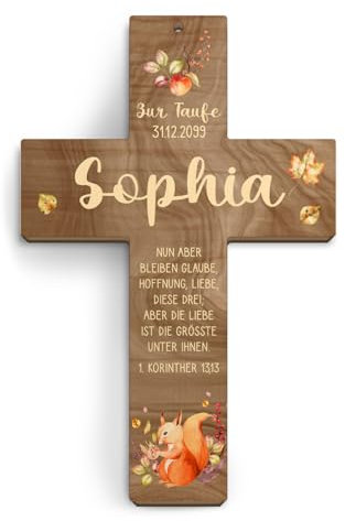 Taufkreuz personalisiert aus Holz Taufgeschenk Mädchen Junge 13x20cm - Eichhörnchen - Walnussholz Look