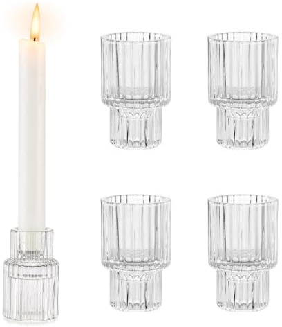 HUANR 4 Piezas Candelabros para Velas, Transparente Portavelas Decoracion, Portavelas de Cristal de Doble Propósito, Diseño Rayas Verticales, para Hogar, Fiesta, Decoración