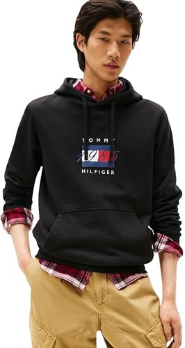 Tommy Hilfiger Sudadera Hombre Linear Flag Graphic de algodón, Negro (Black), XS