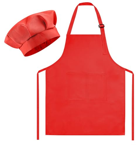 Morcheiong Set di cappello da chef e grembiule, regolabile, rosso, grembiule da pittura e cappello da chef con 2 grandi tasche per bambini, per cucinare, dipingere, fare attività di cottura, Rosso,