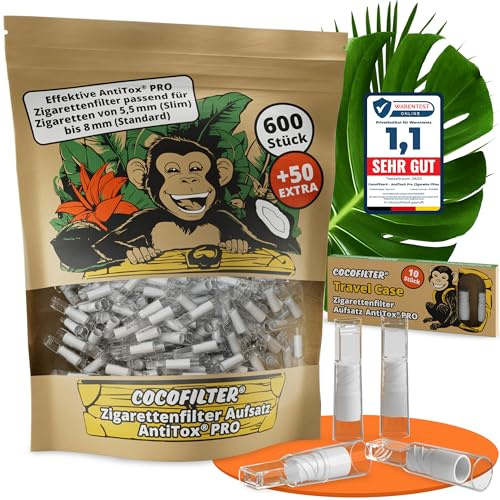 CocoFilter cigarettfilterfäste AntiTox PRO [600 + 50 filter] – återanvändbara tjärfilter för cigaretter från 5,5–8 mm – extra effektiva anti-tjära cigarettspetsar inkl. resefodral