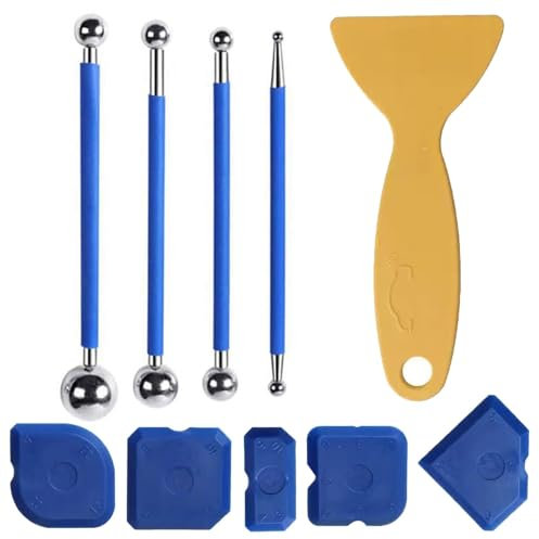 POHOVE Lot de 10 outils de grattoir, 4 boules en métal, 5 joints en silicone bleu, 1 grattoir jaune, ensemble de joints pour carrelage de salle de bain, cuisine