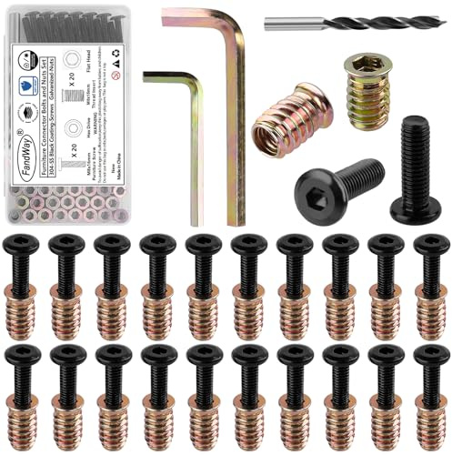 FandWay 20 Sets M8x16mm Furniture Screw Nut,M8x15mm Threaded Inserts for Wood,Connector Bolts and Nuts Set,Flat Head Allen Screw-in Nuts,Hex Socket Drive with Wrenches.
