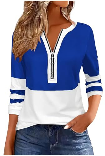 KUIH Half Zip Sweatshirt Women Long Sleeve Top Pullover Lightweight Casual Dressy Tunic Tops 1/2 Zip Striped Jumper Cotton T Shirts Sweater Blouse Spring Autumn Top for Work Office Going Out Blue