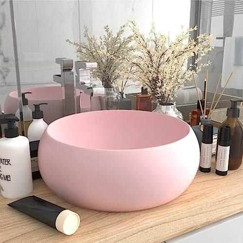 Lavabo de Cerámica Rosa Mate, Diseño Redondo para Baño, Lavadero o Tocador, Montaje sobre Encimera, Fácil Limpieza, Orificio Desagüe 4.5 cm, 40x15 cm