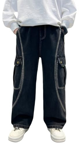 Jean cargo pour garçons taille élastique Hip Hop Denim Pantalon rétro baggy à enfiler Pantalon de rue Y2K pour enfants de 5 à 16 ans, Noir , 15-16 ans