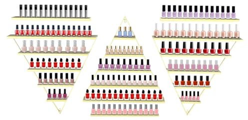 Juego de 6 estantes de esmalte de uñas, estante de exhibición triangular de metal montado en la pared con 5 niveles, espacioso organizador para botellas de esmalte de uñas, pintalabios, aceites