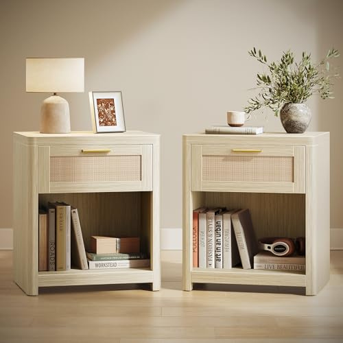 VASAGLE ELLAN Collezione - Comodini Boho con Cassetto Effetto Rattan, Set di 2, Tavolini con Scomparto Aperto, Angoli Arrotondati, Camera da Letto, Beige Naturale LET818LC01