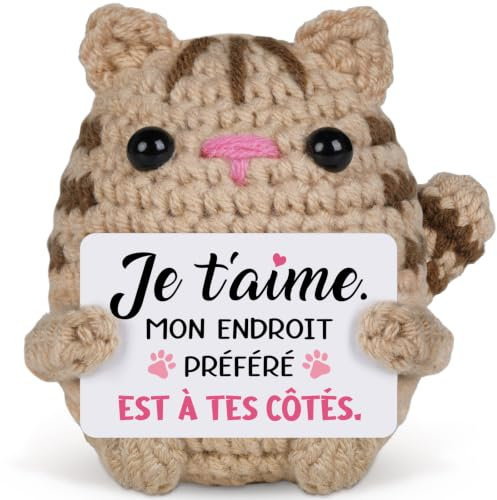 Cadeau Amoureux Femme Homme, Peluche Chat Tricotée Je t’Aime