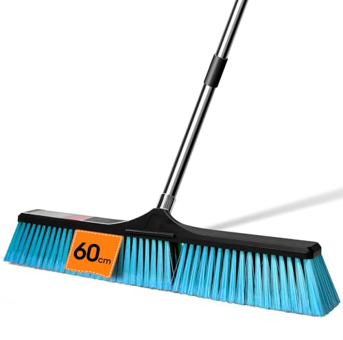 MASTERTOP Balai Brosse Extérieur 60 cm, Manche INOX 145 cm - Bleu | Angle 45° Ergonomique – Balai Jardin Poils Durs pour Terrasse, Gazon Synthétique, Garage, Intérieur/Extérieur