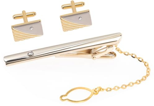 VILLCASE Gemelos y Clip de Corbata para Hombre Dorado Aleación | Aleación Dorada, Ligero y Duradero, Mantiene la Corbata Recta, Bodas y Negocios