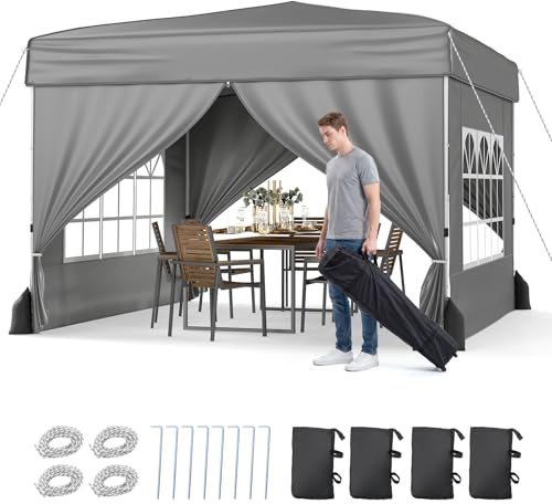 COSTWAY Carpa Plegable 3 x 3 m, Cenador Pabellón de Jardín con 4 Paredes Desmontables, 3 Alturas Ajustables, Botón Central, Marco de Acero al Carbono, Gazebo Pop-up para Exterior (Gris)