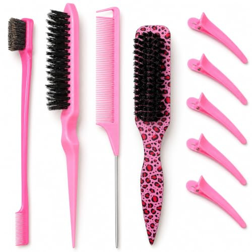 4 Pcs Slick Back Hair Brush with 5Pcs Clips,Leopard Slick Back Brush Set | Smoothing & Teasing Brushs,Professional Styling Tools for Smooth Flyaways Frizz Sleek Ponytail Hairdresser Women Men