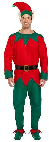 HENBRANDT Christmas Elf Adult Fancy Dress Costume - Festive Green Red Full Set with Hat, Belt & Shoes - One Size Unisex Party Outfit for Xmas Celebrations