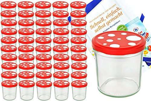 To 82 Lot de 50 bocaux en verre 350 ml champignon Couvercle Rouge à pois blanc avec livret de recettes Diamant gélifiant Magie Confiture Bocaux en verre pour conservation de confiture Couvercles dorés Capacité