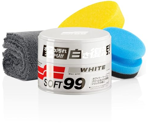 detailmate Soft99 Juego de abrillantador coche para pinturas claras - White Soft Wax, cera dura para coches con pintura blanca/clara, 300g + esponja pulido manual + gamuza microfibra 550GSM, 40x40cm