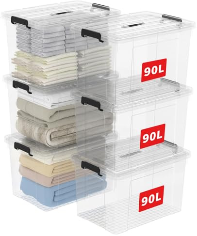 Cetomo 90L*6 Caja de Almacenamiento con Asa, Caja de Plástico con Tapa y Cierre Seguro, Contenedor de Almacenamiento Grande, Duradera, Apilable, Resistentes, Transparente, Paquete de 6 de 90L