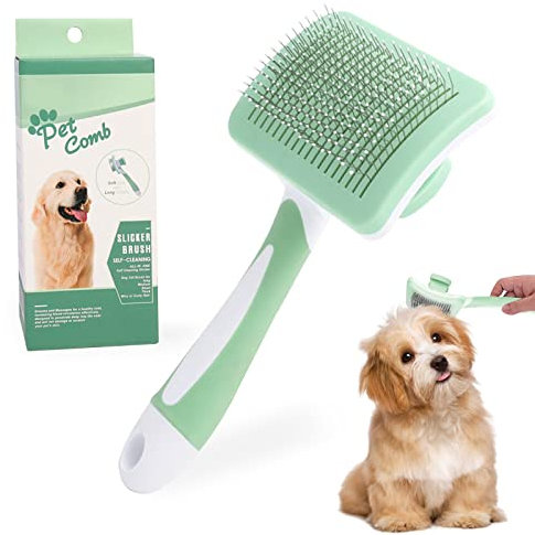 Phantasy® Klein Haustier Hundebürste Katzenbürste, Haustier Bürsten Selbstreinigende Fellbürste, Haar Entferner Haustierbürste für Langhaar und Kurzhaar,Grün