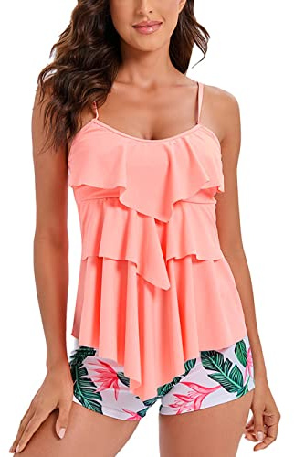 FLYILY Costume da Bagno a Due Pezzi Donna Canotta Stampata Pantaloncini da Donna Costume da Bagno Taglie Forti Tankini Sets(Orange,2XL)