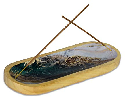 Bless-International Traditional-Handmade-Tray-Burner Wooden-Trat-Incense-Stick-Holder Ash-Catcher-Stand for-Aromatherapy-Meditation-Yoga (Green White Agate, 11x4x1.22 Inches)