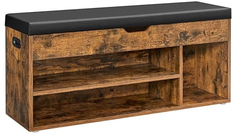 VASAGLE Banc à Chaussures Rembourré, Banc de Rangement, 3 Compartiments, Rangement Caché, Étagères, pour Salon, Entrée, Chambre, Capacité de Charge 136 kg, Marron Rustique LHS130B01
