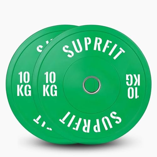 SUPRFIT – Hantelscheiben gummiert 2x 10kg Grün – Premium Fitness Bumper Plates – Stoßabsorbierende Gewichtsscheiben aus Vollgummigranulat – Hantelscheiben Ø 50mm für Langhantel Training