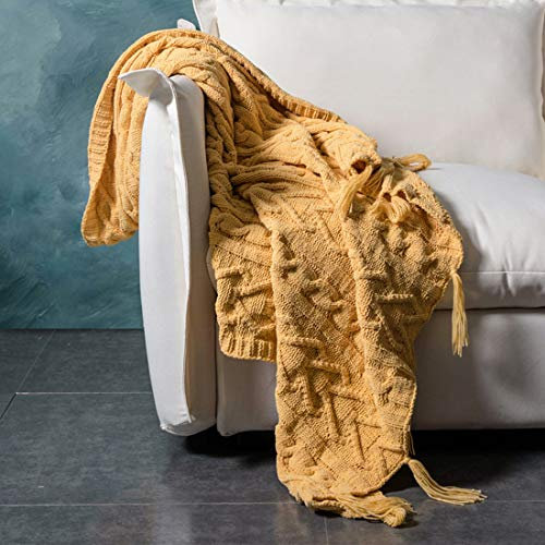 Chenille Cable Knit Throw Blanket Super Soft Cozy Elegant Throw with Tassel Fringe Compatible with Couch, Bed, Sofa, Chair (Pink,51x63), full bed set (Mustard Yellow 51x63)