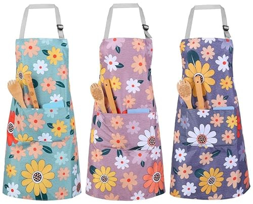 FANTESI 3 Pcs Floral Aprons with 2 Pockets for Women | Adjustable Canvas Aprons for Cooking Gardening Housework