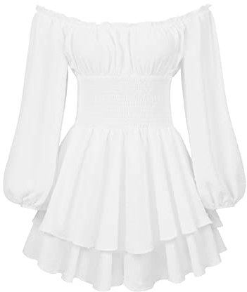 Springcmy Women Puff Sleeve Square Neck Romper Dress Off Shoulder Ruffle Shorts Smocked Layered Flowy A Line MiniBeach Swing Dress Sundress (B-White, M)