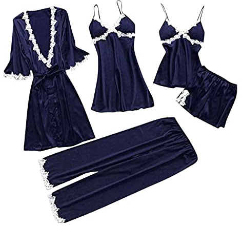 Set di pigiama da donna, 5 pezzi: pigiama da donna, set corto e lungo, in raso, per la casa, biancheria da letto, sexy, pantaloni di grandi dimensioni, camicia da notte, sottile, estiva, in seta, Blu