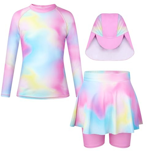 Girls Swimming Costume 3 Piece Long Sleeve Swimsuit Girls Uv Protection Rash Guard Top Shirt with Short Pants and Swim Cap Swimwear Set 8-9 Years Multicoloured