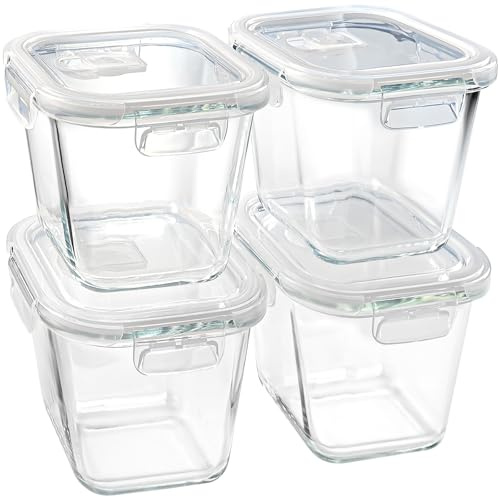 Soup Containers with Lids Glass 32 oz, 4 Cup Borosilicate Glass Food Storage Containers, Microwave & Freezer Safe Jars, Small Square Meal Prep Bowl for Salad, Fruit, Lunch, Ice Cream, Travel, 4 Pack