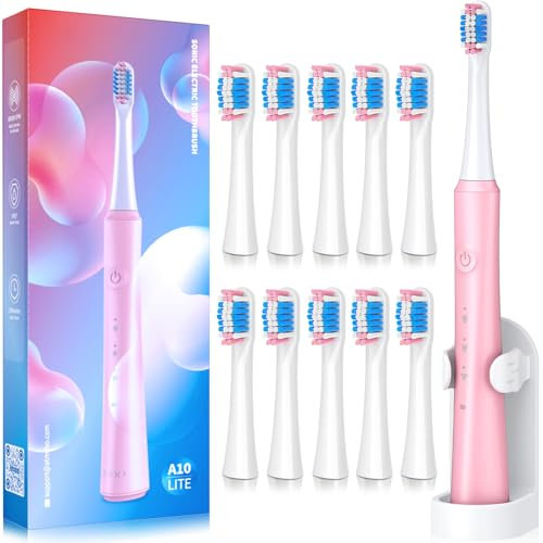 Erwachsenenelektrische Zahnbürste mit Halter und 10 Bürstenköpfen, wiederaufladbare elektrische Zahnbürste. Schnelles 2-Stunden-Laden hält 35 Tage. 40.000 VPM und 3 Modi (Rosa, smart)