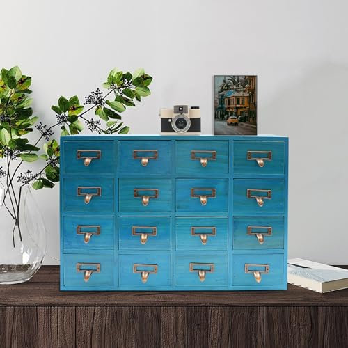 Organizador de cajones de escritorio, armario farmacéutico vintage con cajones 16, cajonera de madera, cajonera de madera, para oficina en casa, té y cómoda