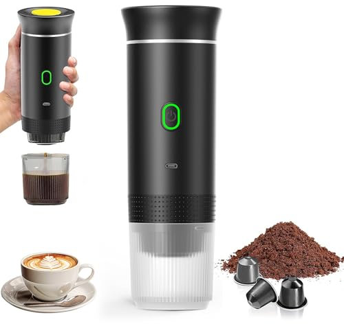 PZCC Machine à Café Portable de Voyage,Expresso Cafetière Rechargeable 12V et sa pochette Pour Camping et Voiture,Chauffage Rapide,compatible avec Capsules K-Cup et café moulu,Pour voyage (Noir)